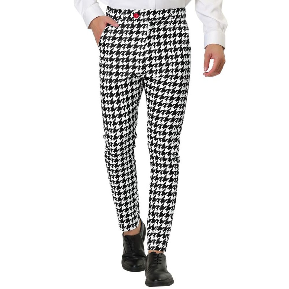 Houndstooth Printed Color Block Flat Front Slim Fit Dress Pants Black White